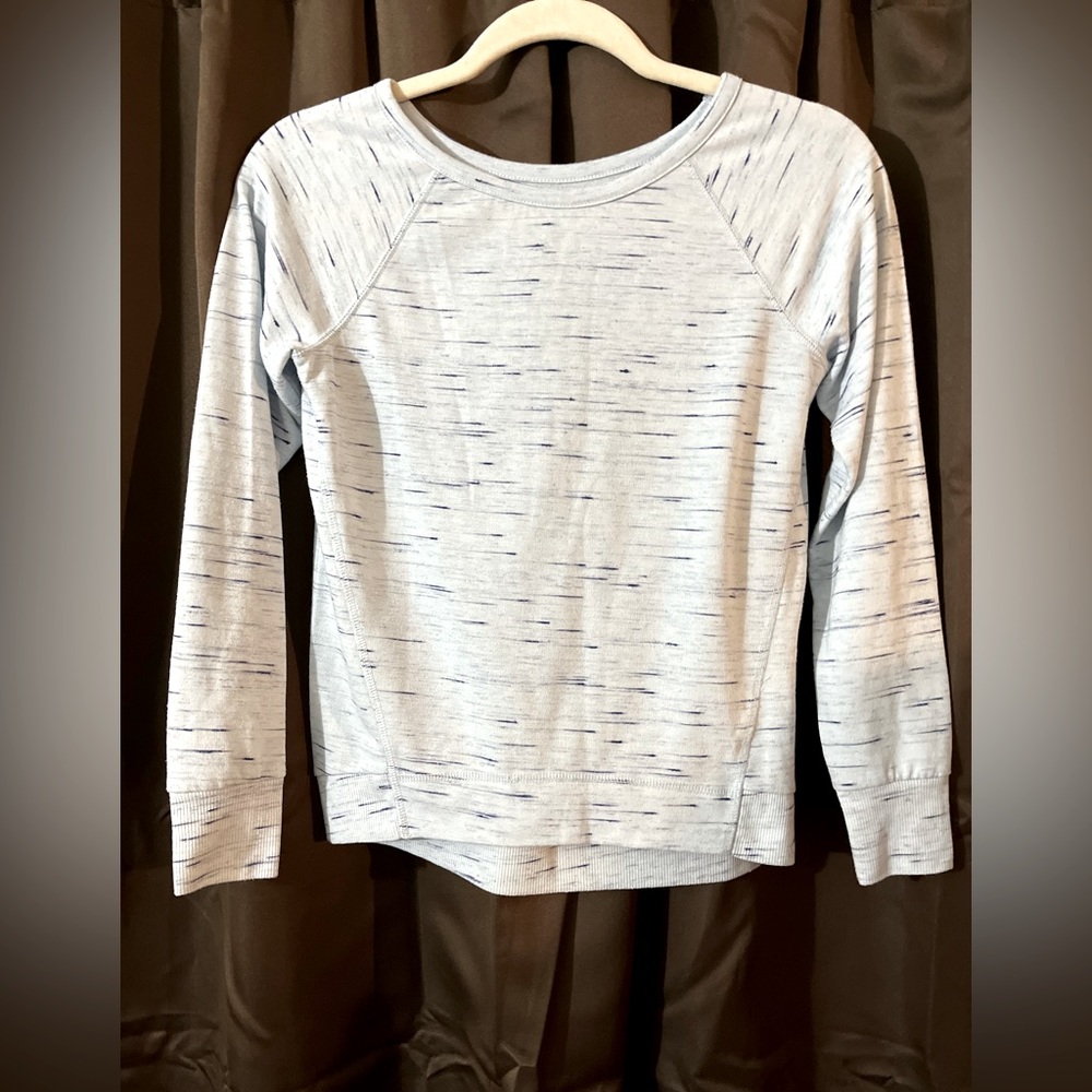 Athletic Girls long sleeve sweat shirt, light blue with dark lines, Size 10/12